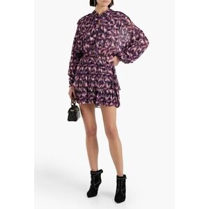 IRO Paris $645‎ Tyga Long Sleeve Tiered Mini Dress Purple Metallic Sz EU 36 US 4